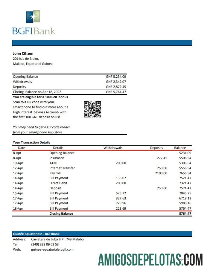 Exemplo de extrato bancário BGFI da Guiné Equatorial Xls